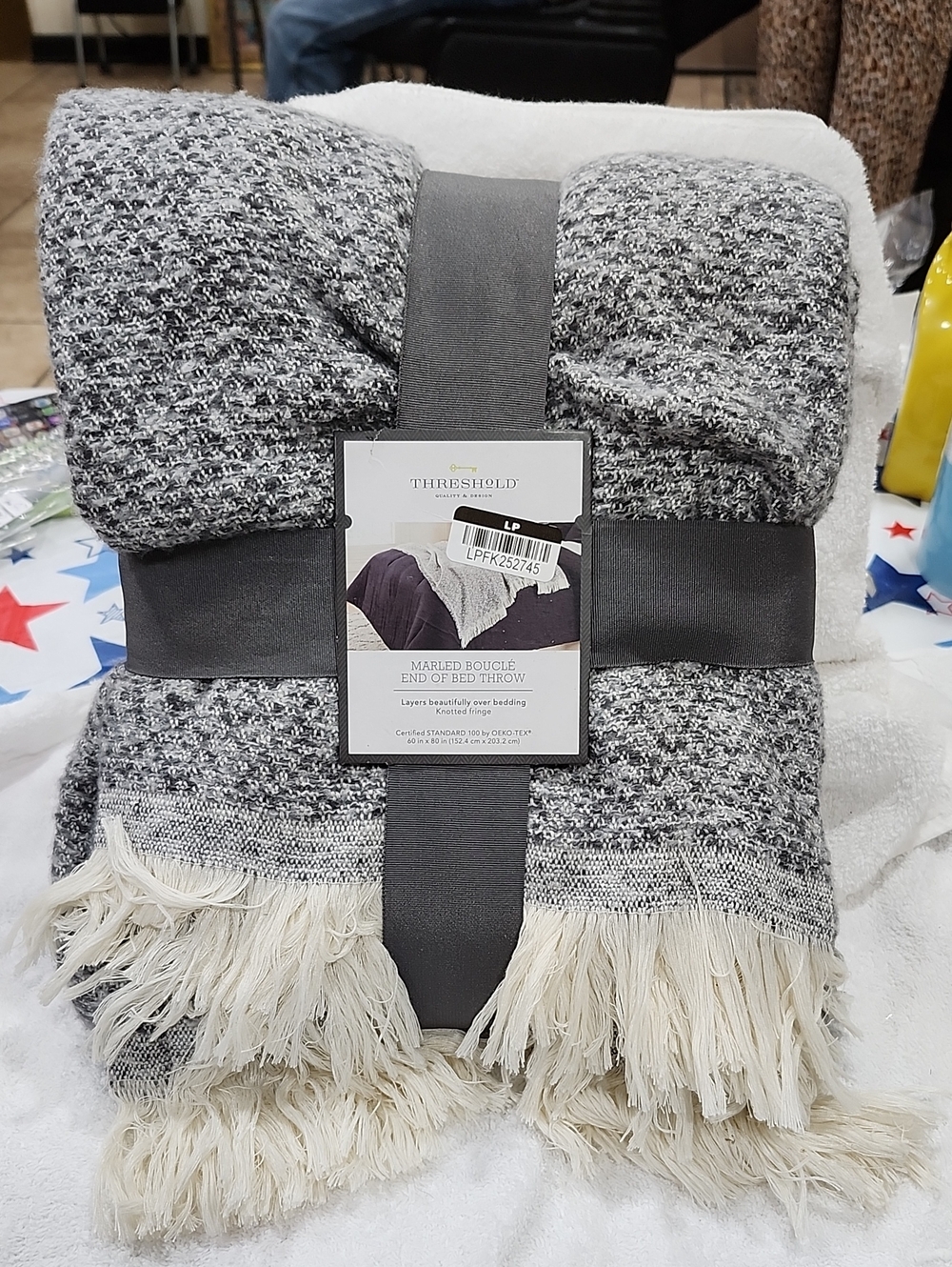 Threshold Marled Bouclé Throw Blanket in Gray and Cream with Fringe
